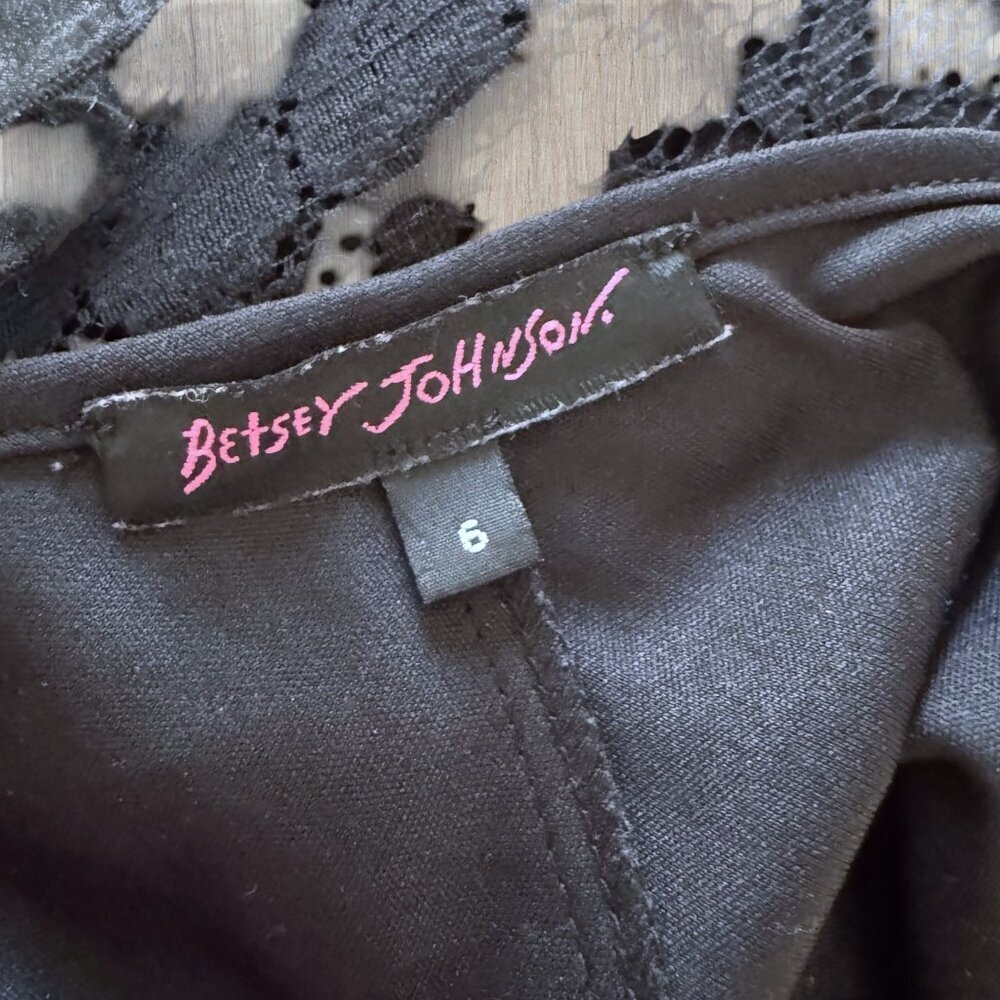 Y2K Betsey Johnson Black Lace Overlay Dress Slip Puff Sleeve Ruffle Trim Vintage - Picture 7 of 11